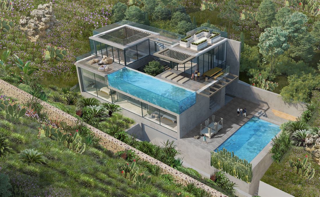 Terreno vicino a Cala Tarida con licenza per costruire una villa ultramoderna con 2 piscine e vista mozzafiato