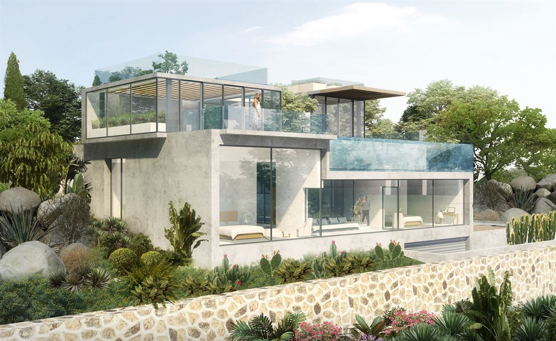 Terreno vicino a Cala Tarida con licenza per costruire una villa ultramoderna con 2 piscine e vista mozzafiato